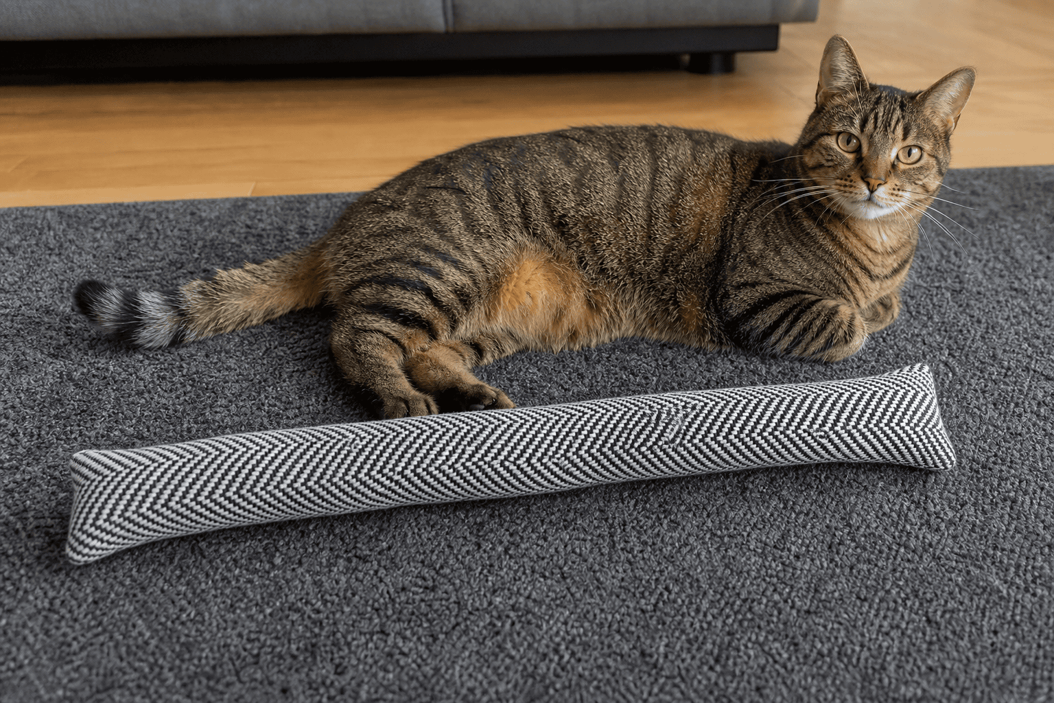 A cat kicker toy placed beside an adult cat to show safer sizing