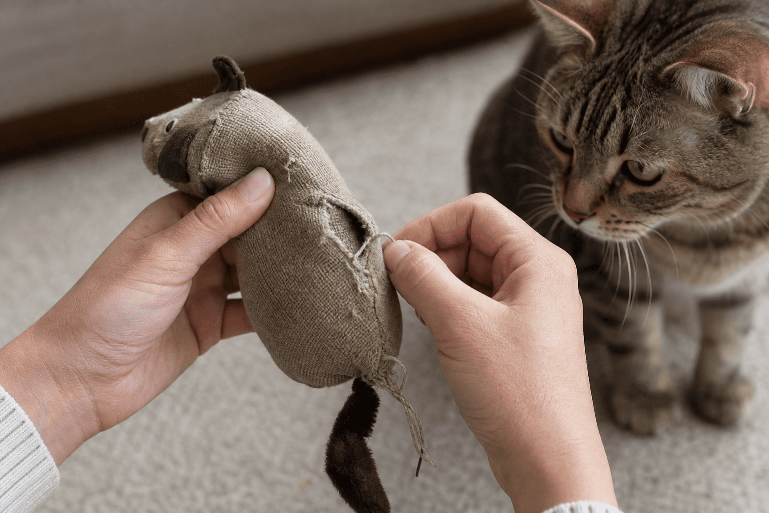 Hands inspecting a cat toy seam after rough exercise play