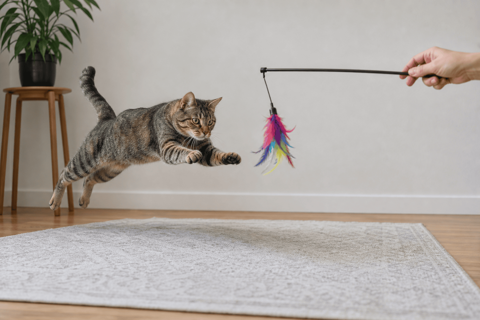 Indoor cat leaping safely after a wand toy on a rug