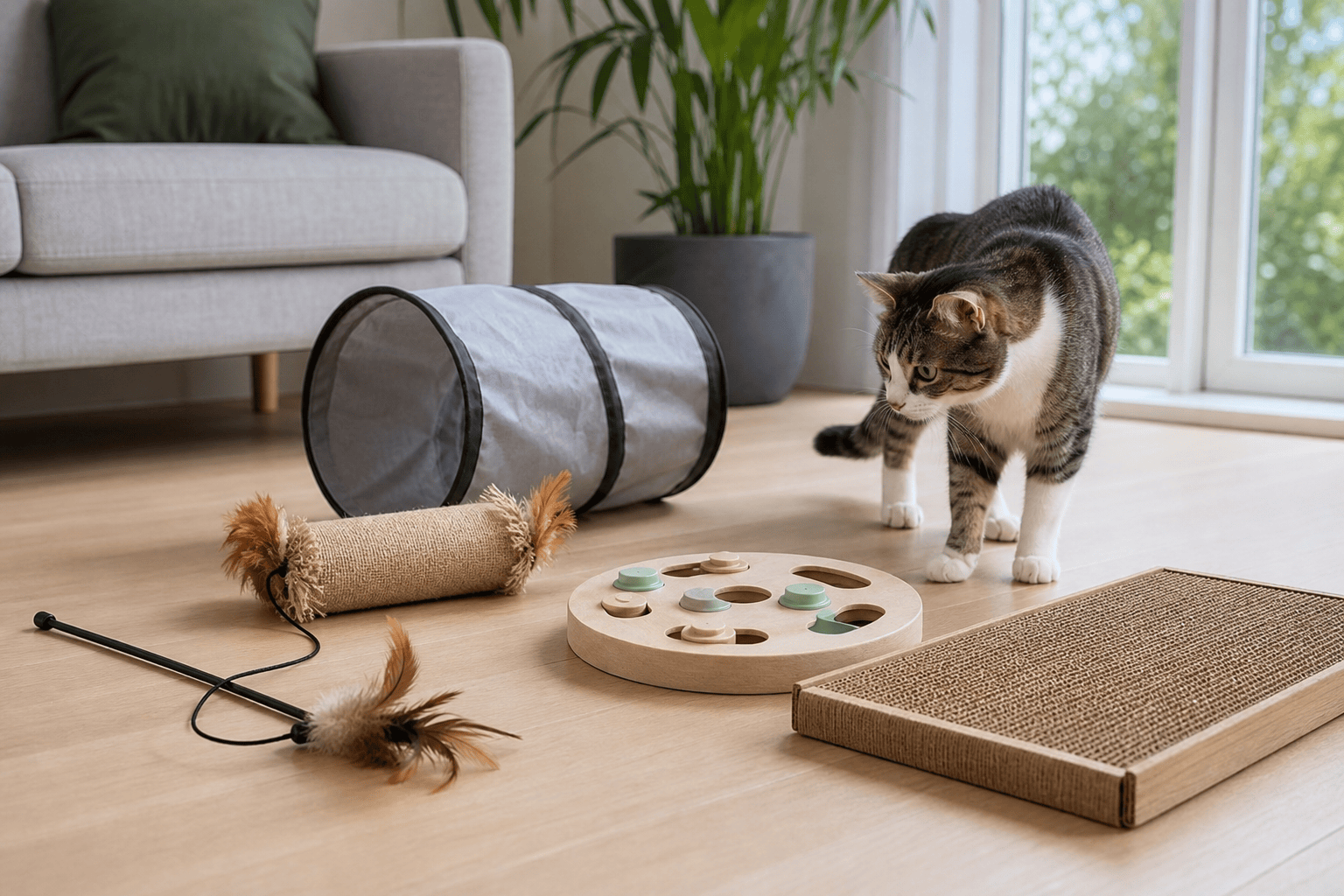 Cat exercise toy setup with wand toy, kicker toy, tunnel, puzzle feeder, and scratcher