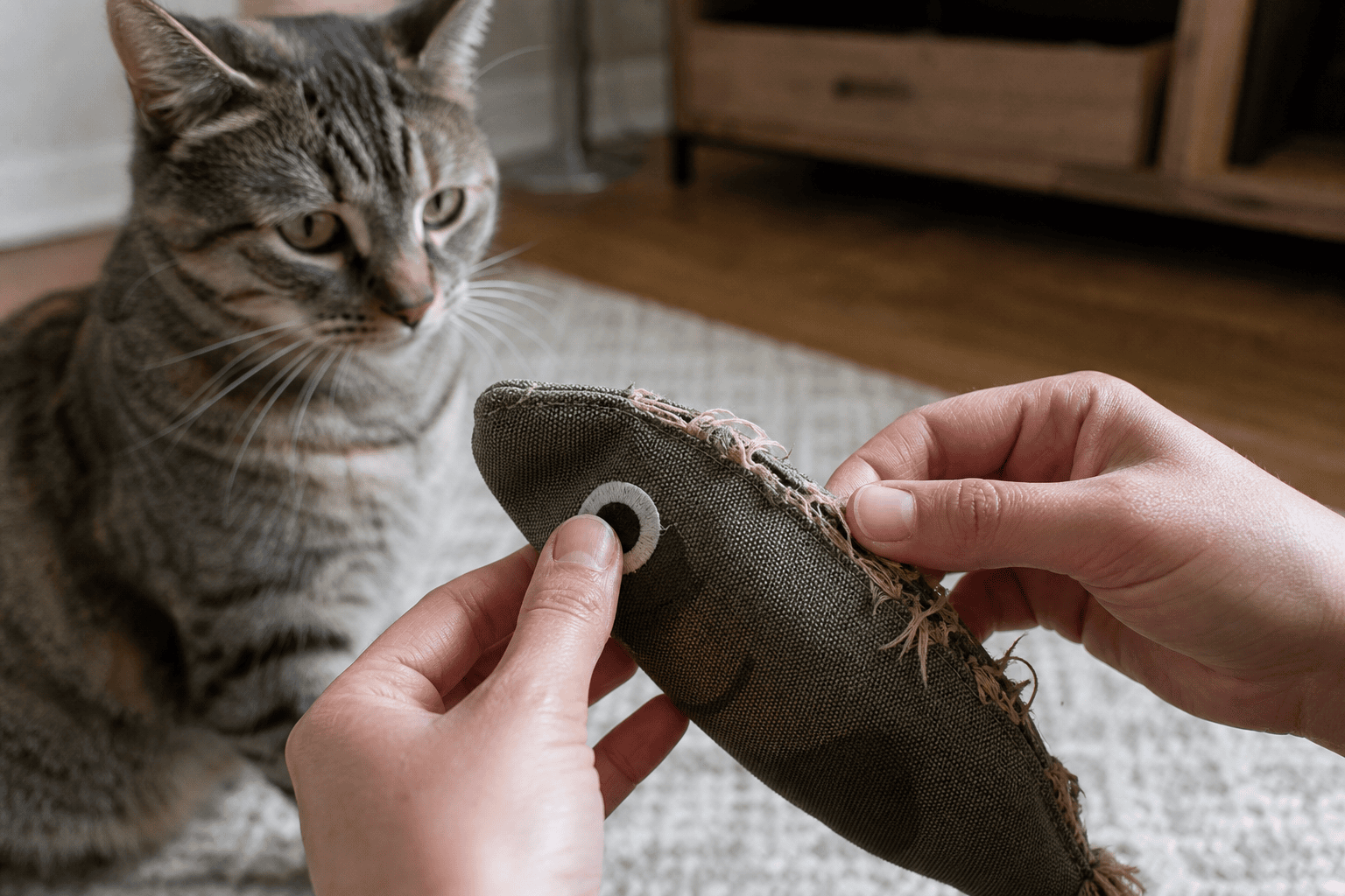 Hands inspecting a cat toy seam for loose thread and chew damage