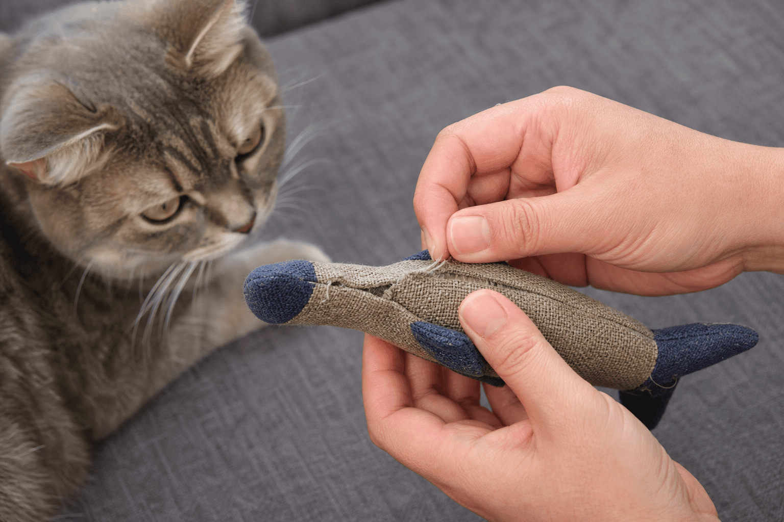 Cat toy being inspected for loose seams before another play session