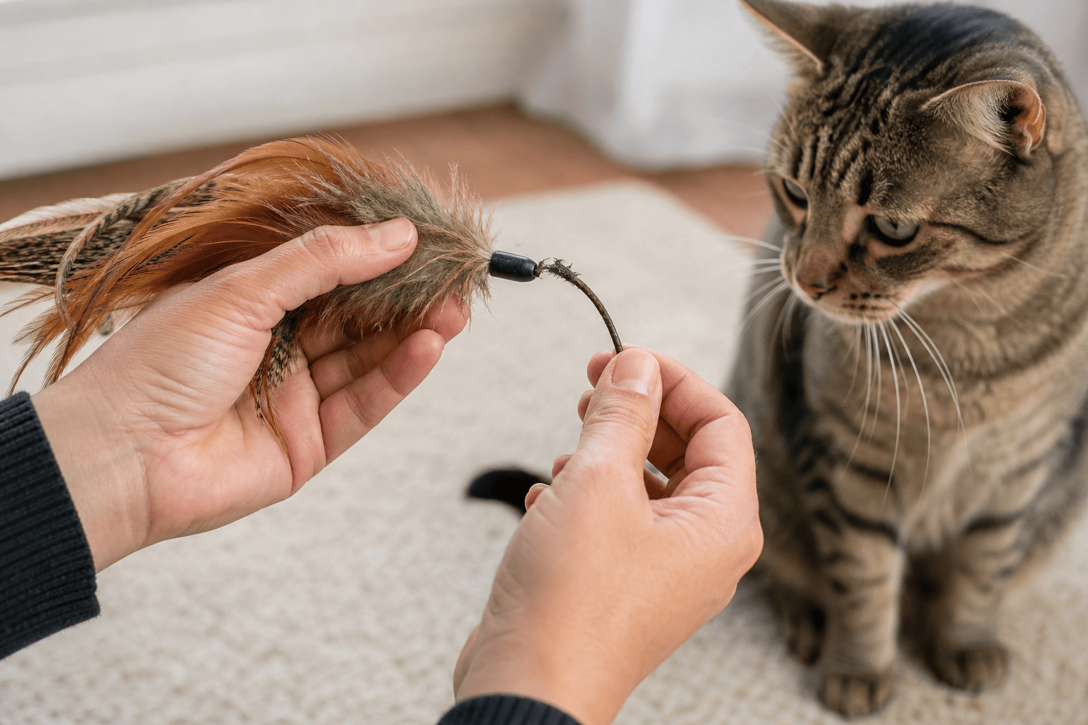 Hands checking a feather cat toy refill for loose feathers and frayed cord