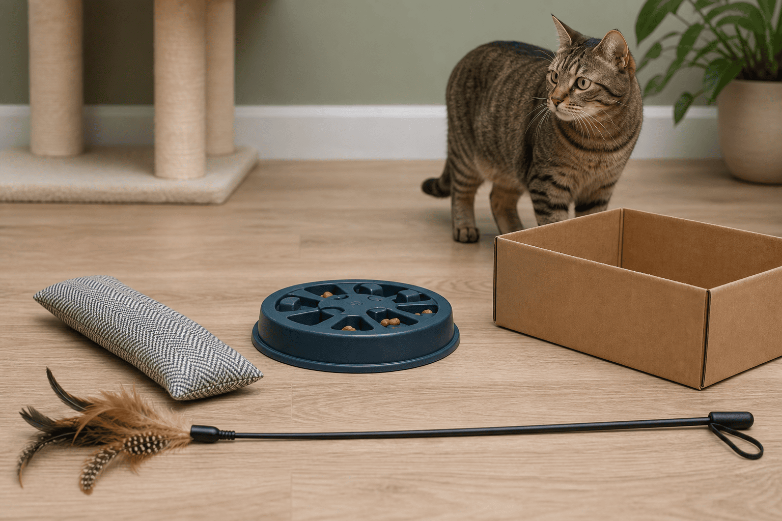 Cat toy rotation with a feather wand, sturdy kicker, puzzle feeder, and cardboard box