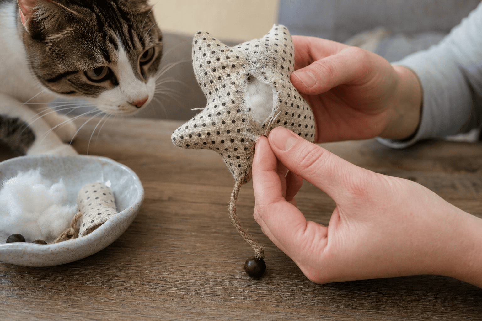 Hands inspecting a homemade cat toy for loose seams and small parts