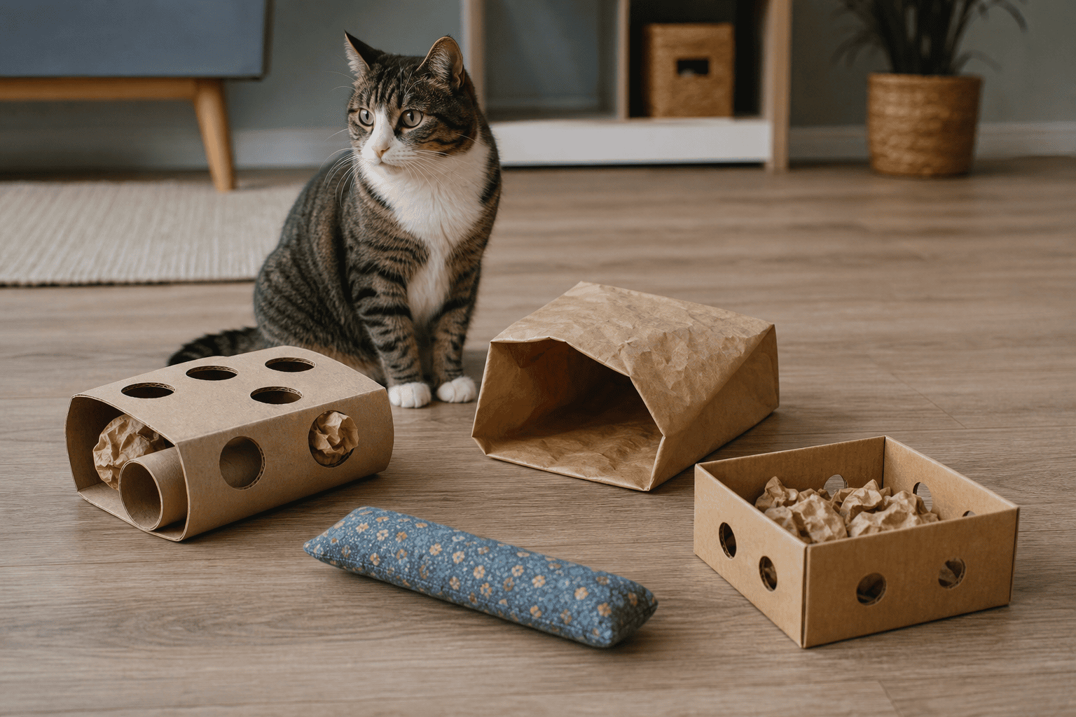 DIY cat toy rotation with cardboard rolls paper bag fabric kicker and puzzle box