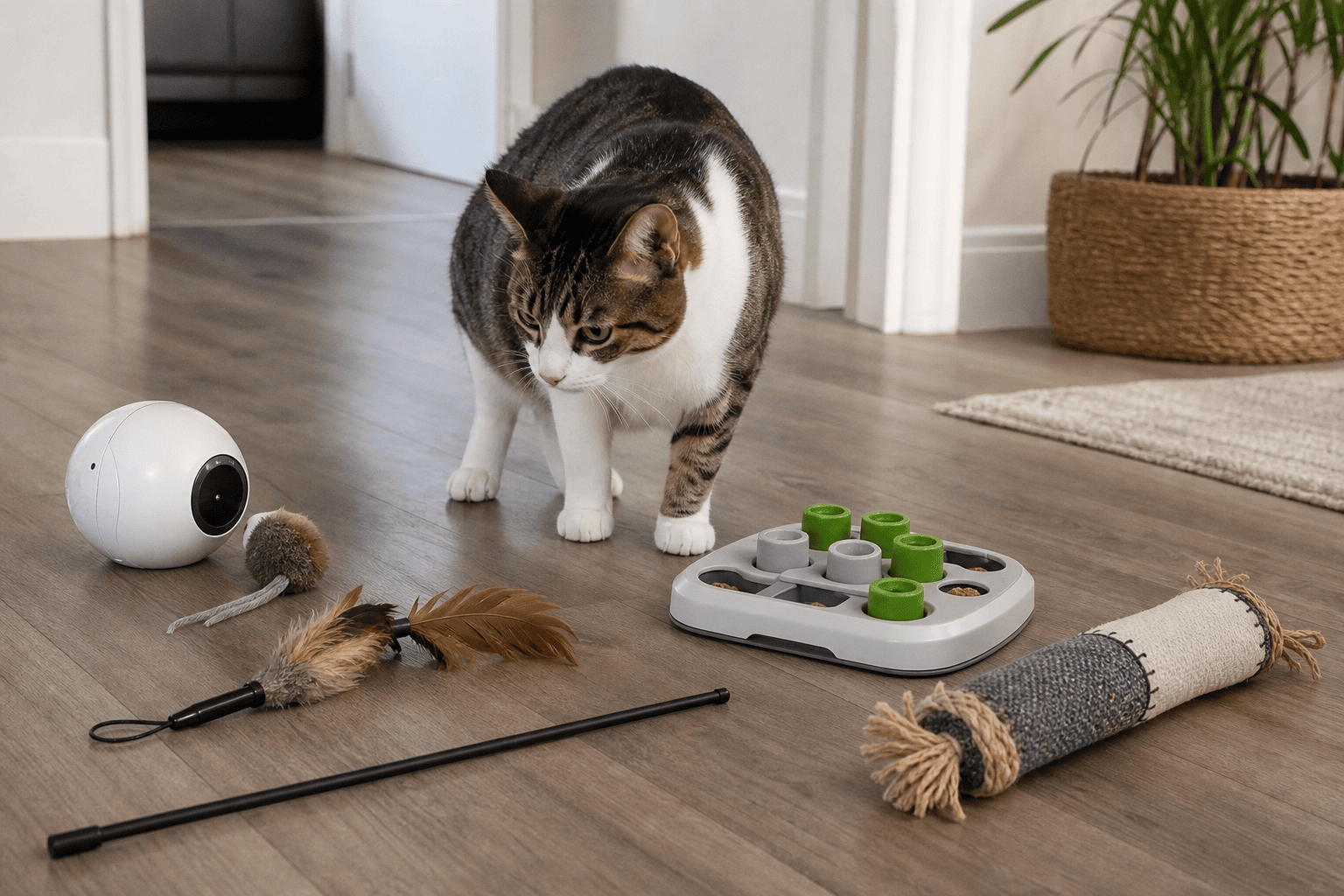 Electronic cat toy, wand toy, puzzle feeder, and durable kicker arranged for a play routine