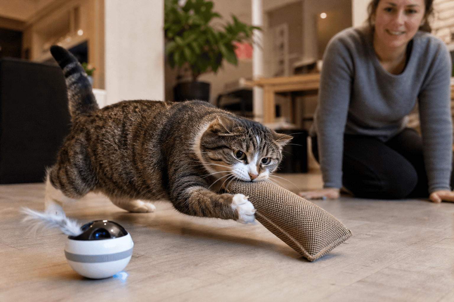 Cat gripping a durable kicker toy after playing with an electronic motion toy