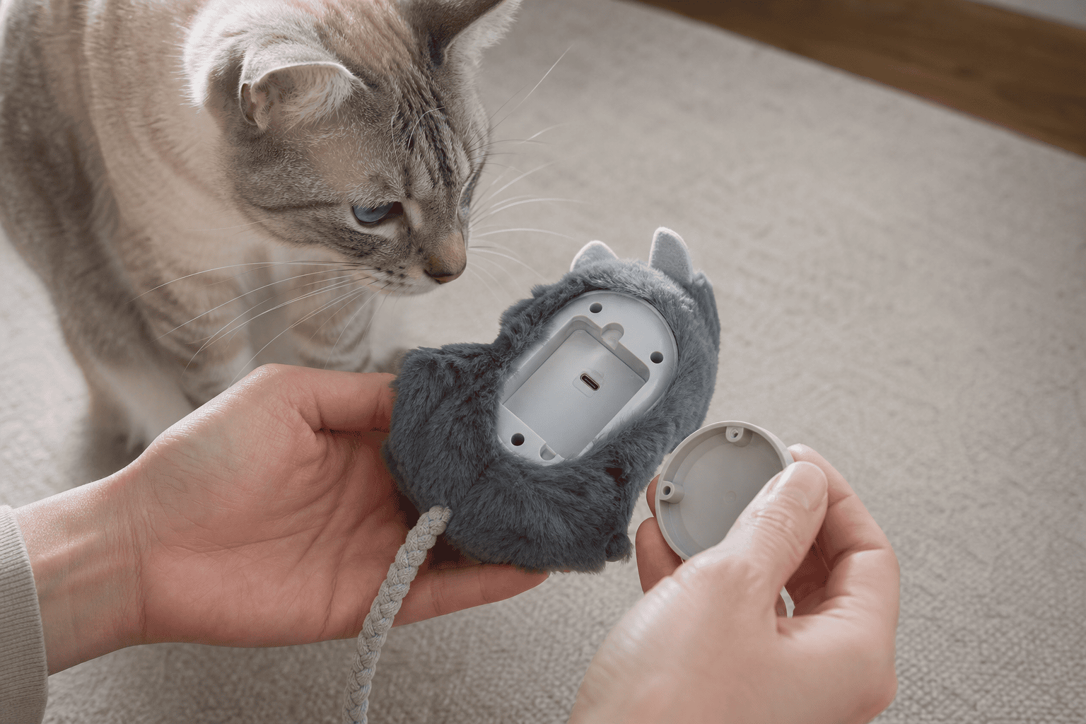 Hands checking the battery compartment and seams of an electronic cat toy