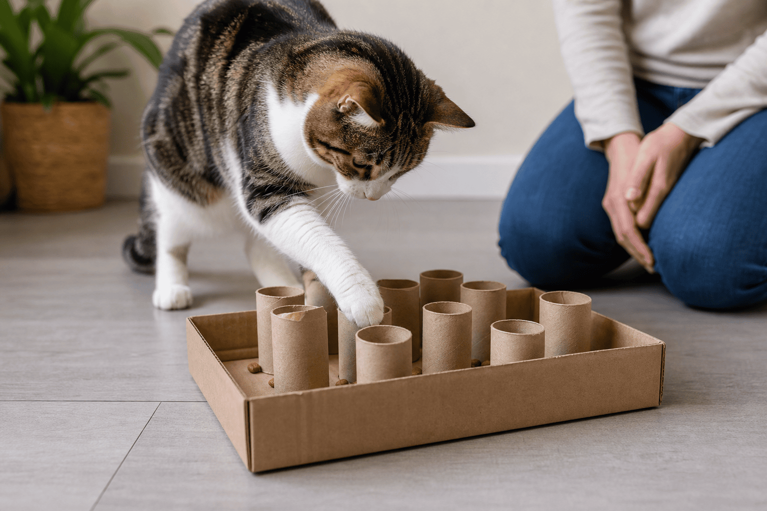 Cat using a cardboard treat puzzle made from toilet paper rolls