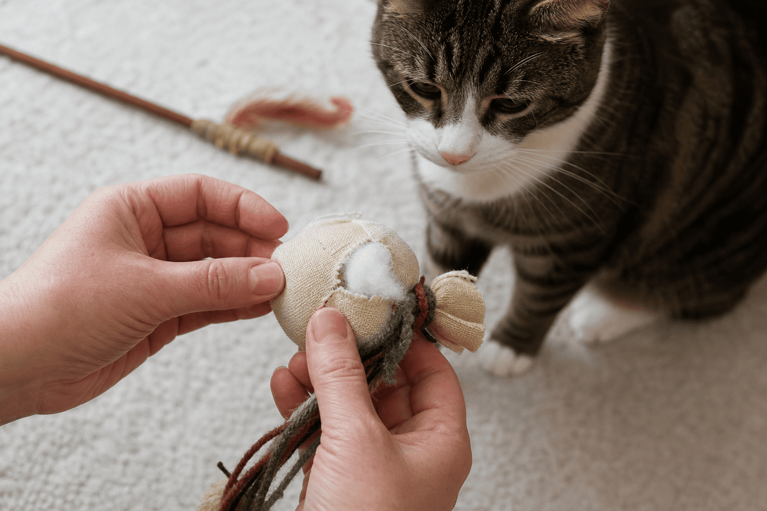 Hands inspecting a homemade fabric cat toy for loose seams