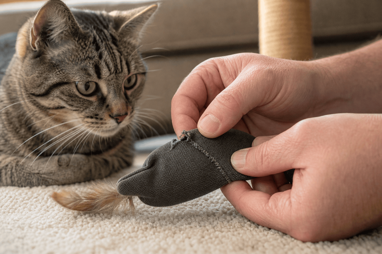 Human hands inspecting a cat toy seam for damage after rough play