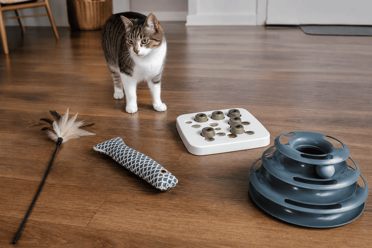 Indoor cat toy rotation with chase, capture, puzzle, and solo toys