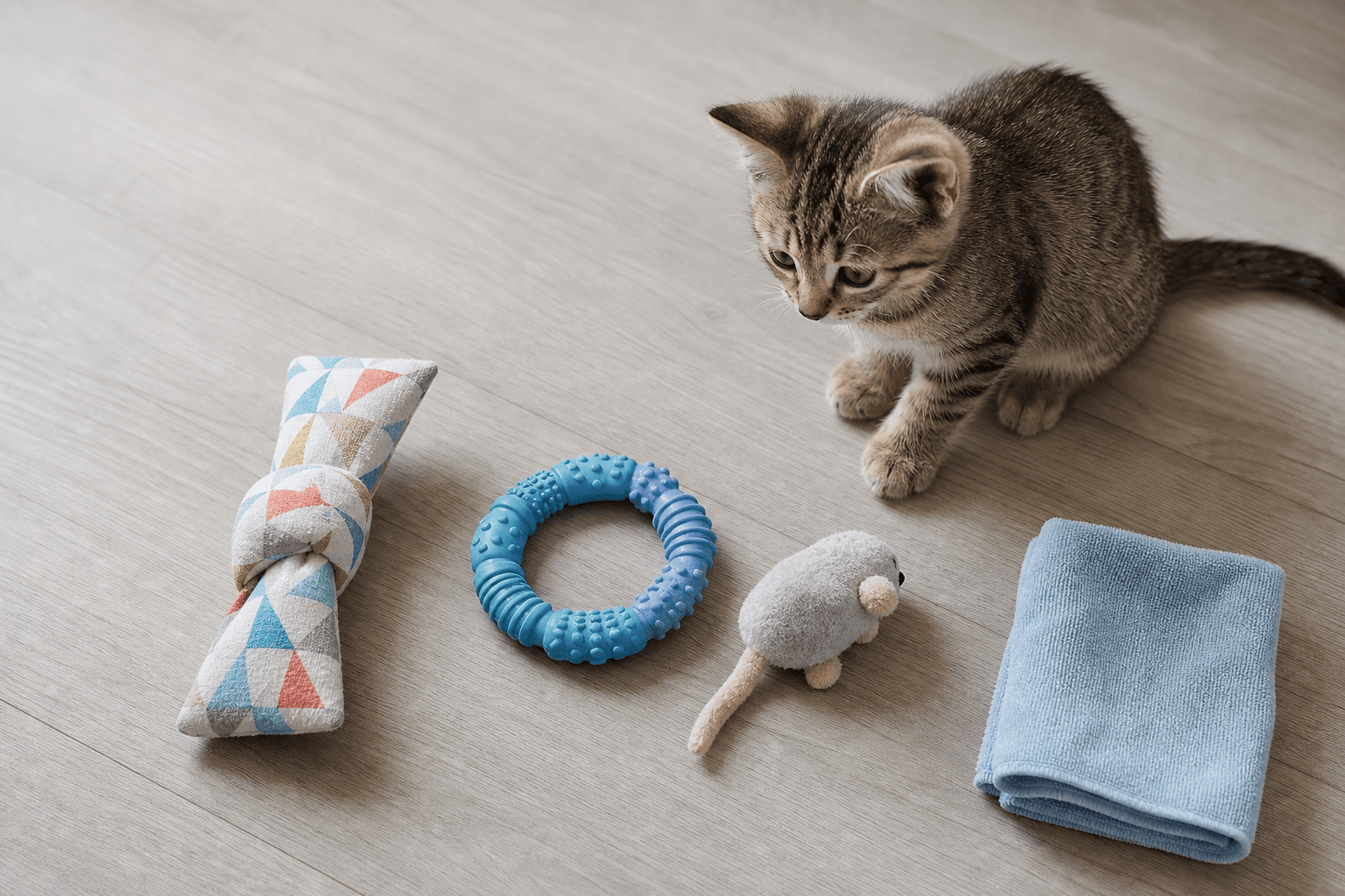Kitten-safe teething toy options with soft fabric rubber texture and a chilled cloth