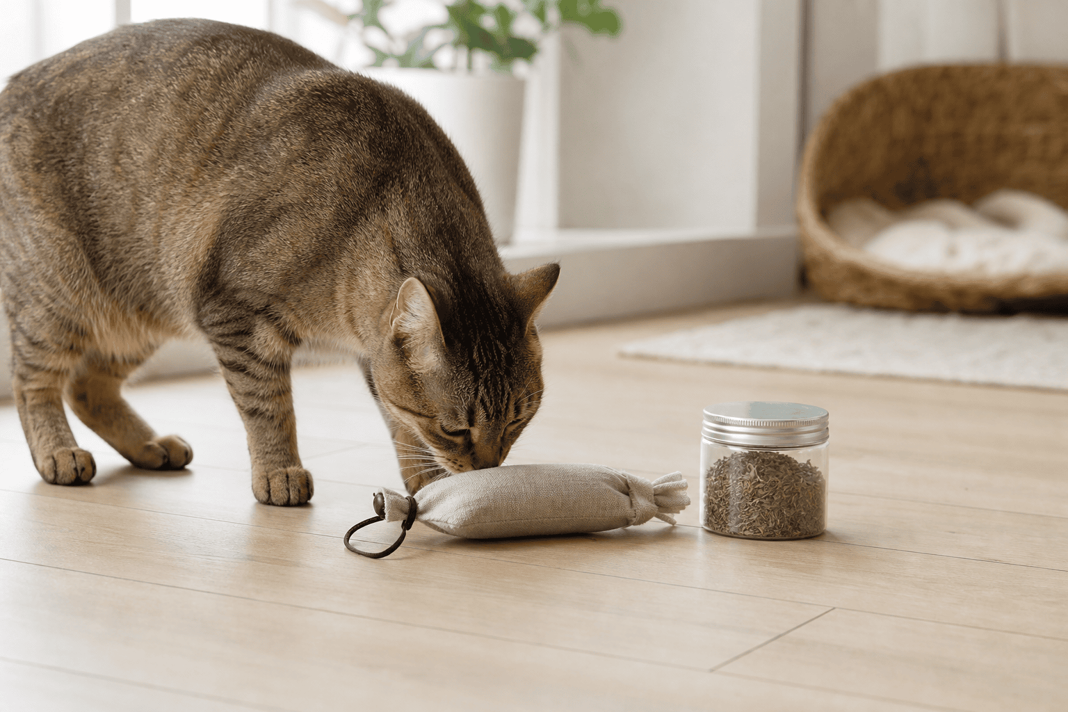 Cat sniffing a refillable catnip toy under supervision