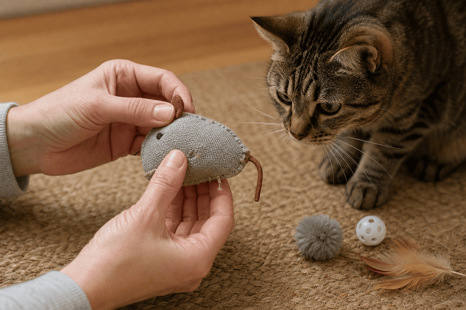 Hands checking a fabric cat toy for loose seams and parts