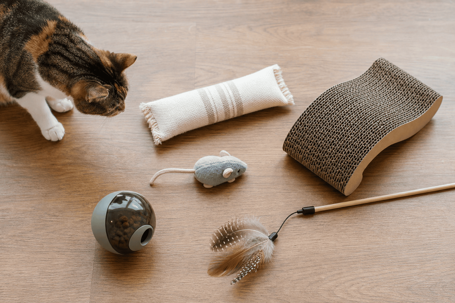 Different cat toy styles arranged for a toy rotation