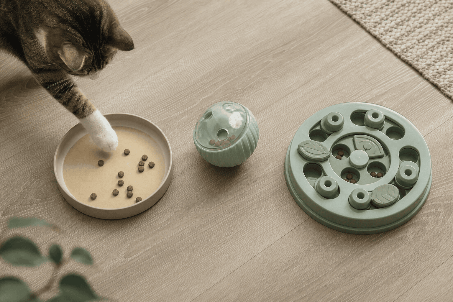 Simple, medium, and harder cat puzzle toys arranged by difficulty