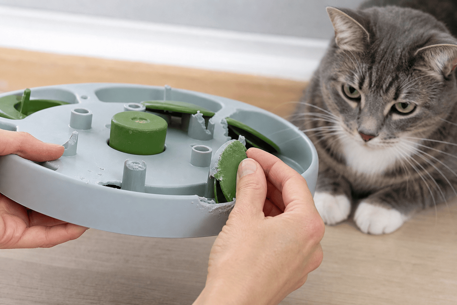 Hands inspecting a cat puzzle feeder for cracks and loose pieces