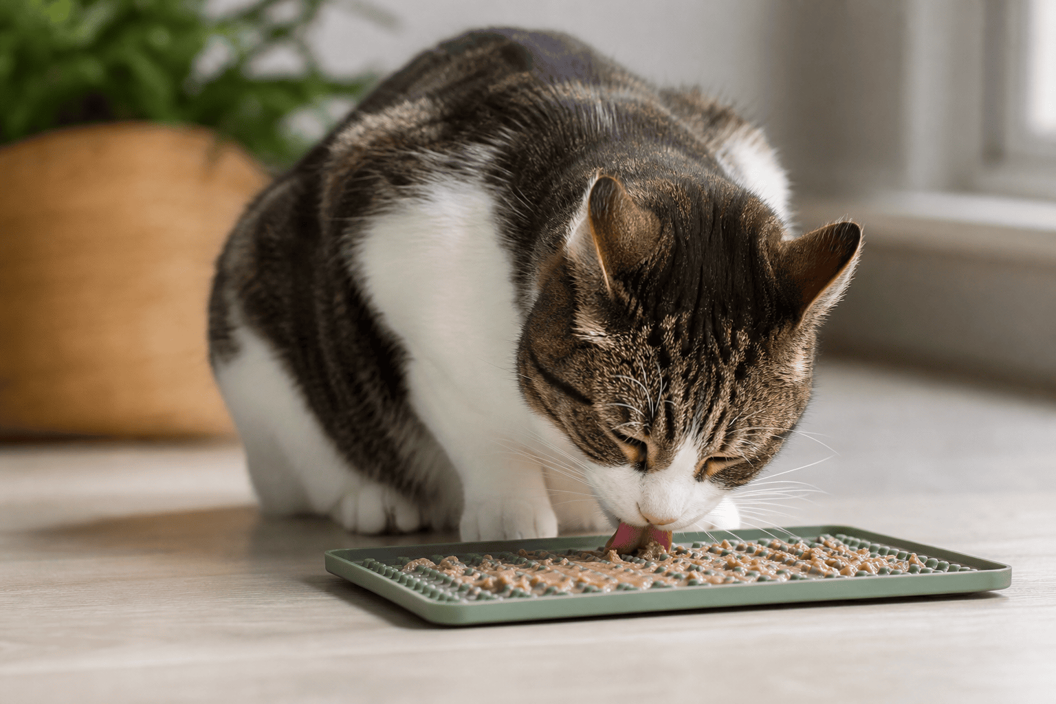Cat licking wet food from a washable silicone puzzle mat