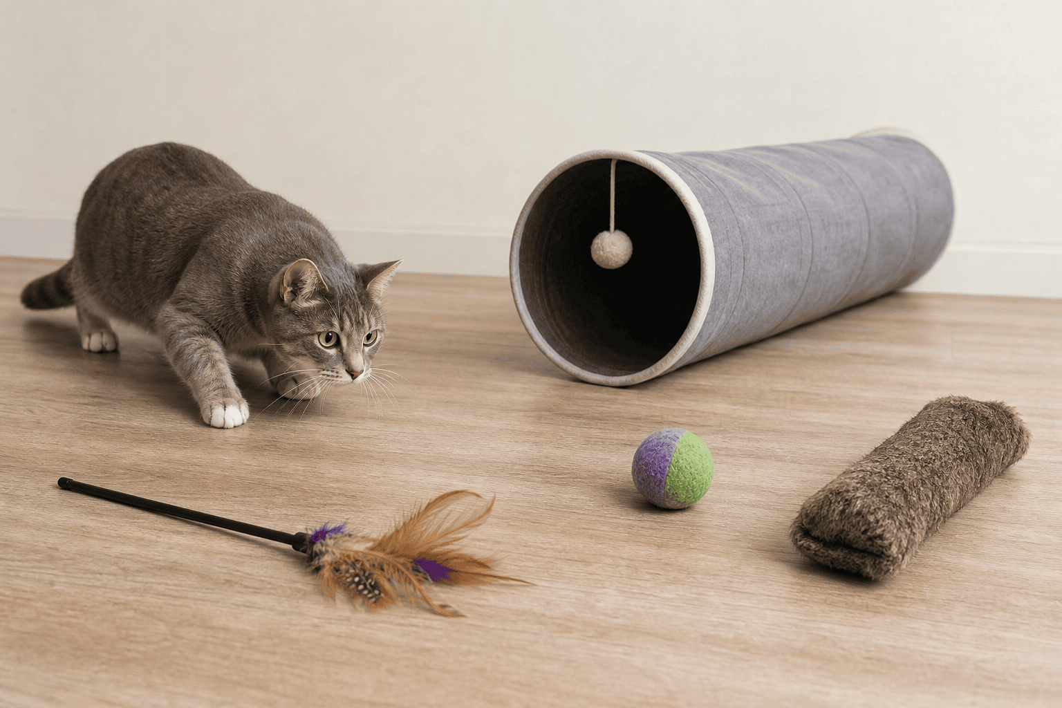 Cat play area with tunnel wand toy ball and durable kicker toy