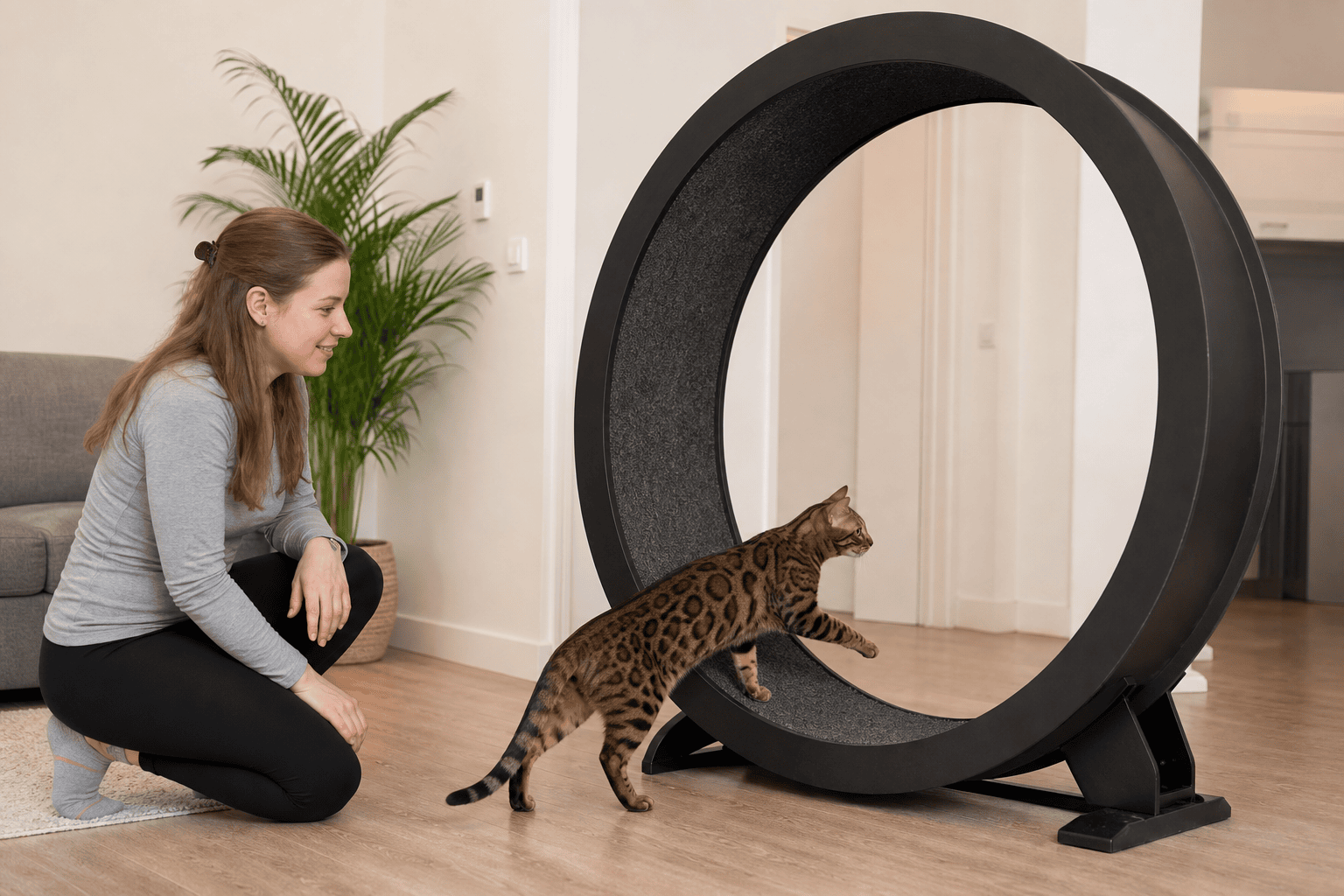 Indoor cat stepping onto a cat exercise wheel during supervised training