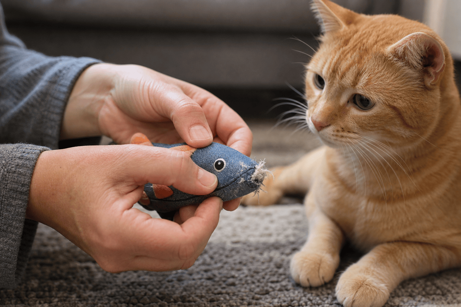 Hands inspecting a cat toy seam for loose threads and bite damage