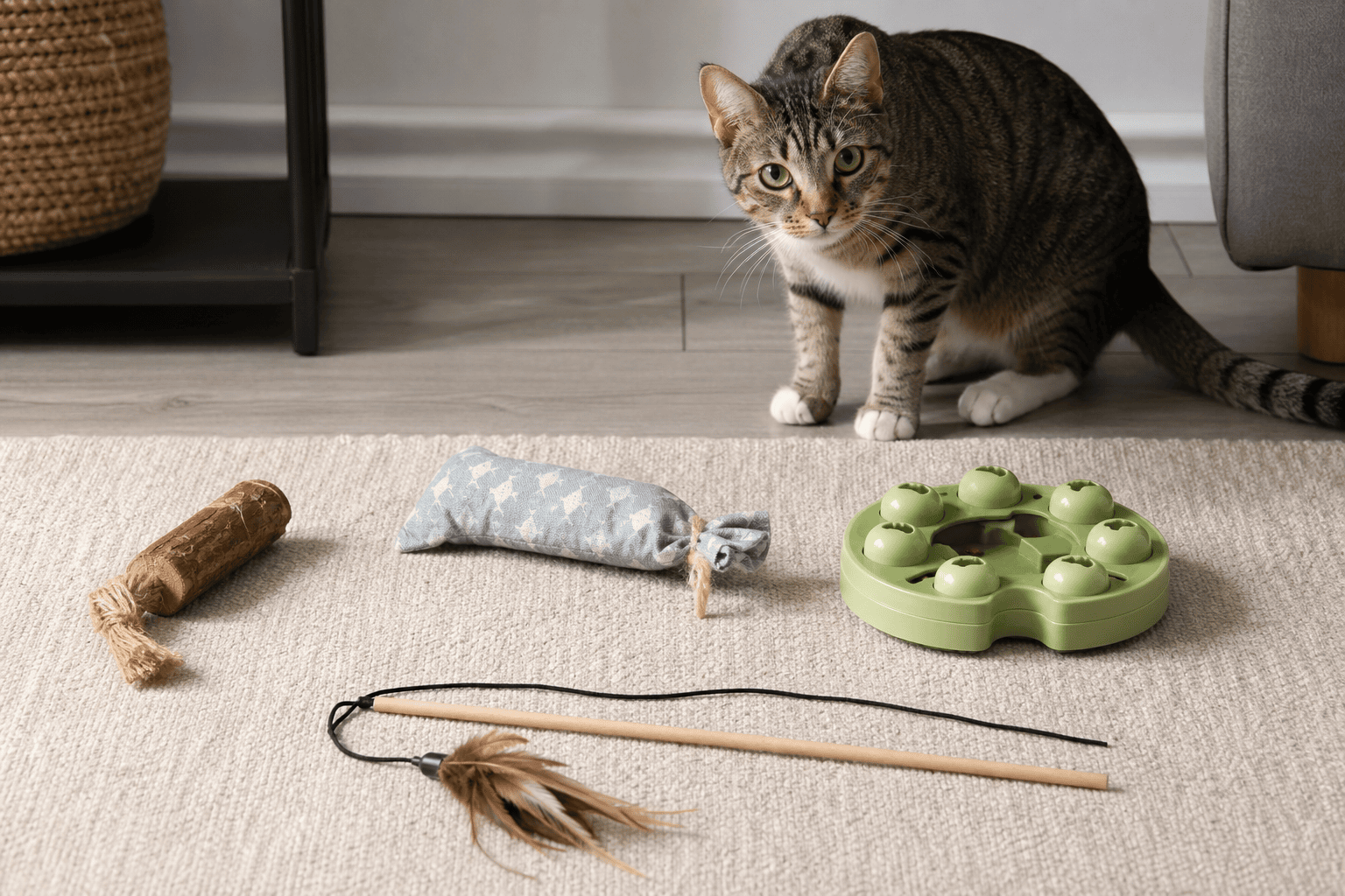 A safe cat toy rotation with chew toy, kicker toy, wand toy, and puzzle feeder