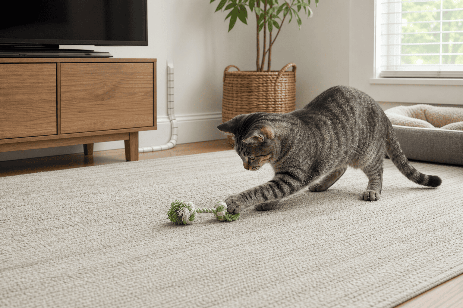Cat playing with a chew-safe toy away from protected electrical cords