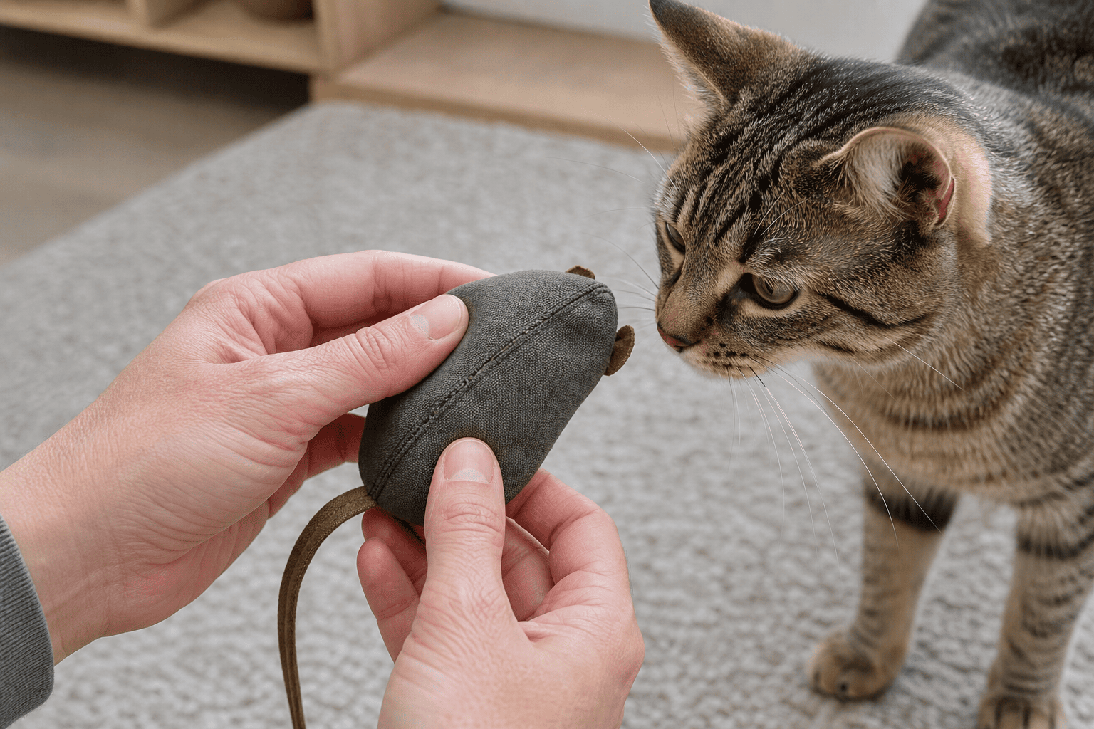 Close view of a cat toy being inspected for loose seams