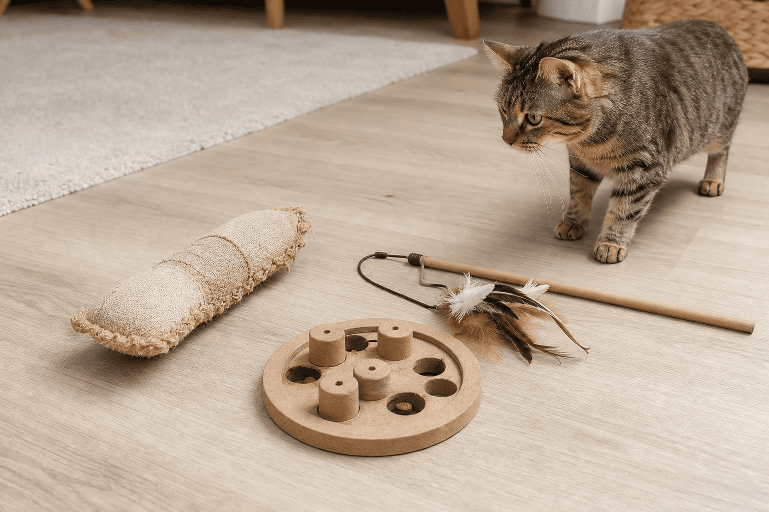 Several different cat toys arranged for toy rotation