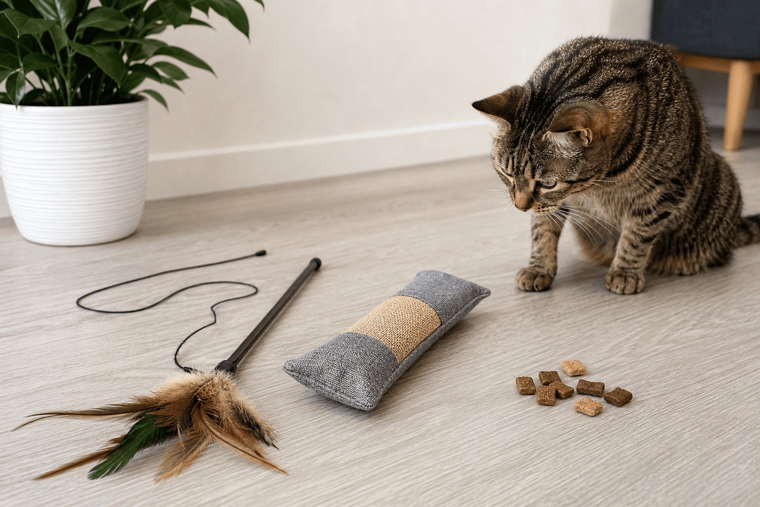 Wand cat toy, kicker toy, and treats arranged for a hunt-catch-eat play routine