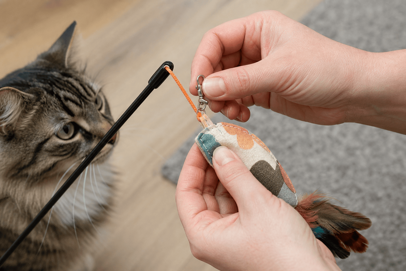 Human hands inspecting the string and clasp on a wand cat toy