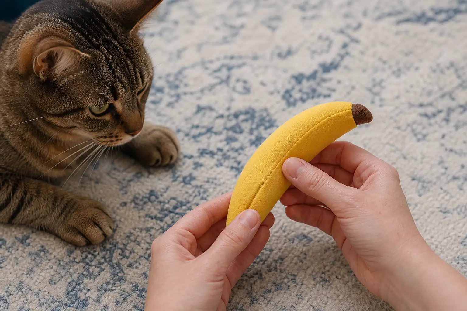 Hands inspecting the seams of a banana-shaped cat toy