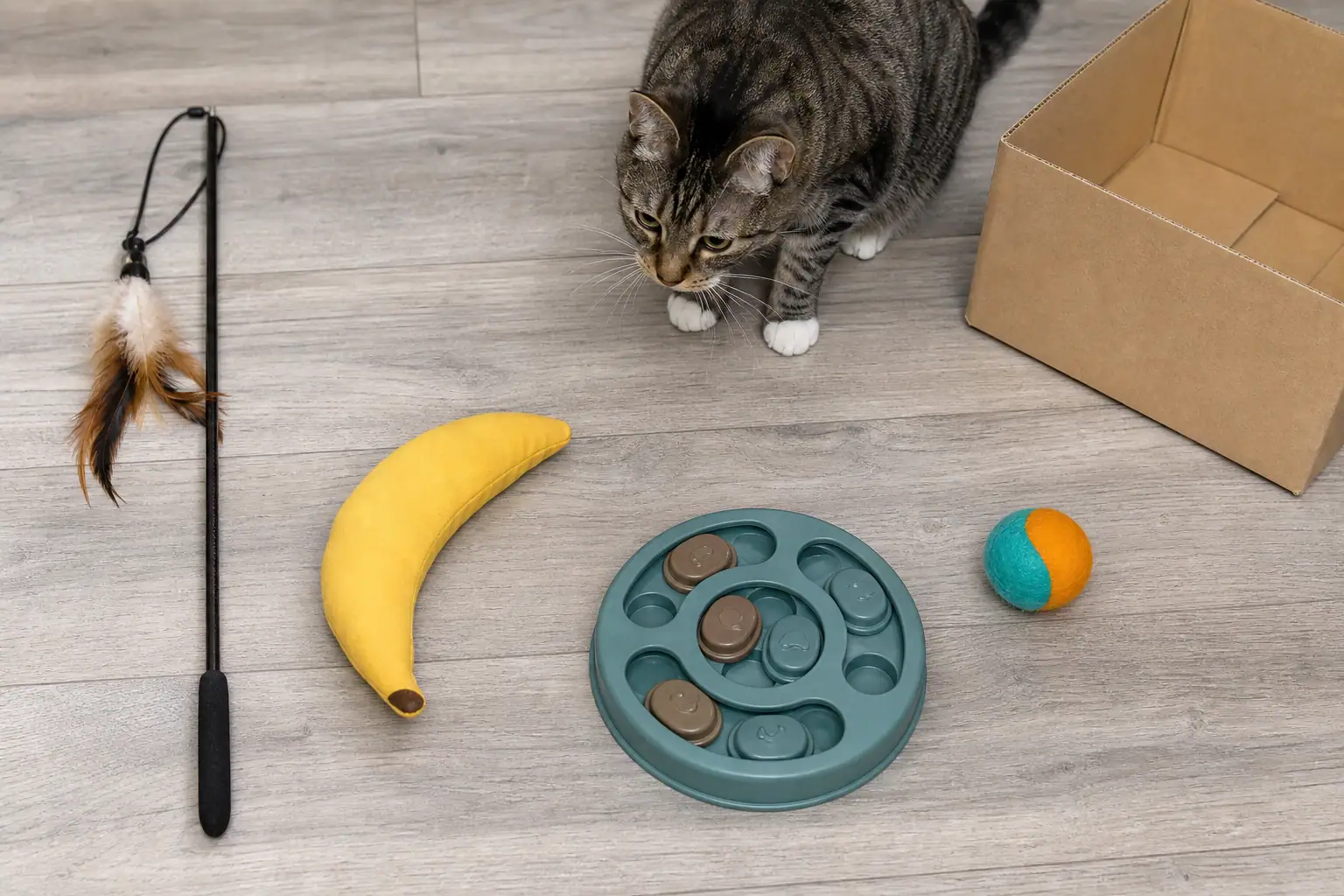 Banana cat toy with other enrichment toys in a rotation