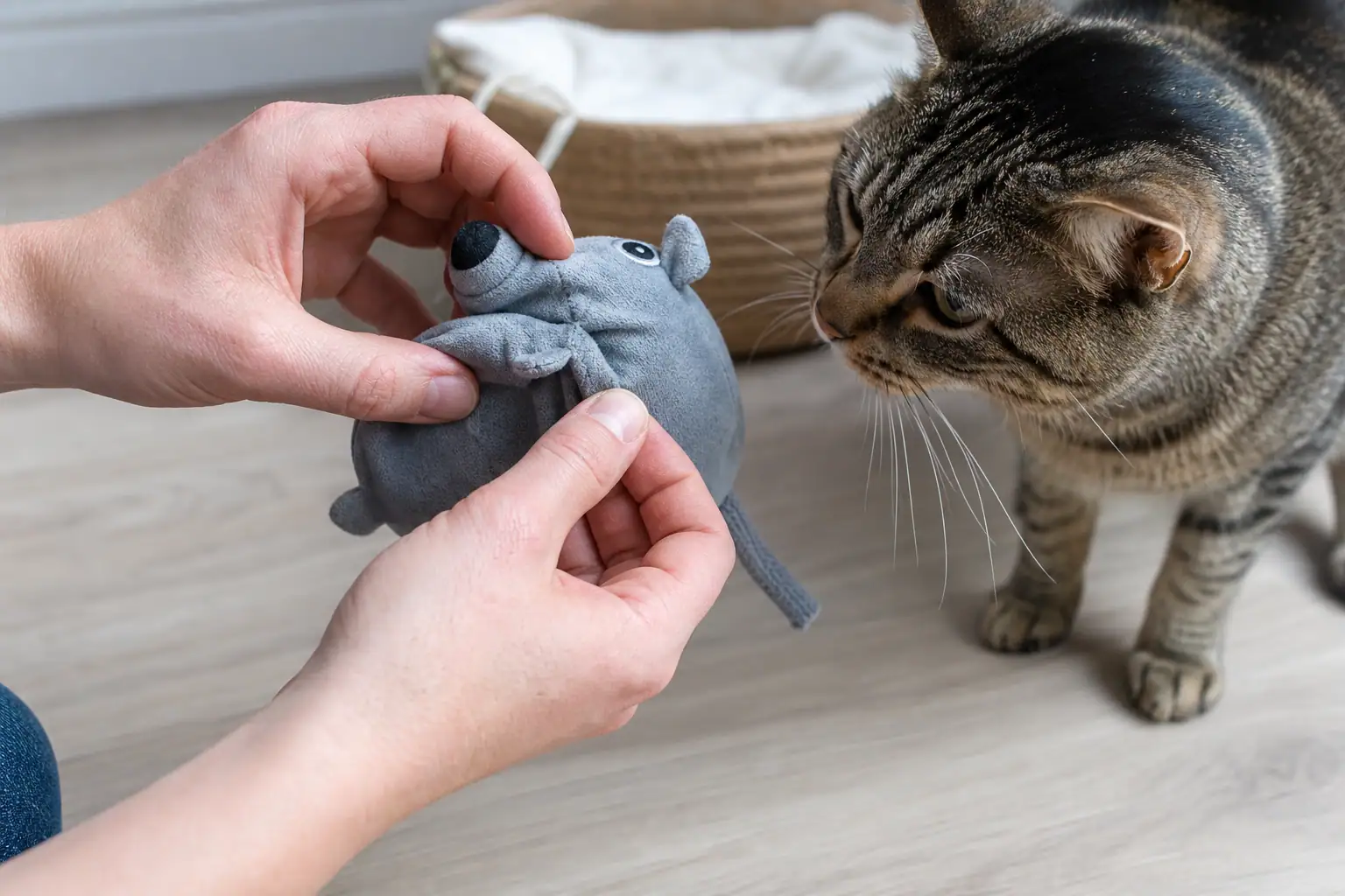 Hands inspecting a cat toy seam before letting a cat play
