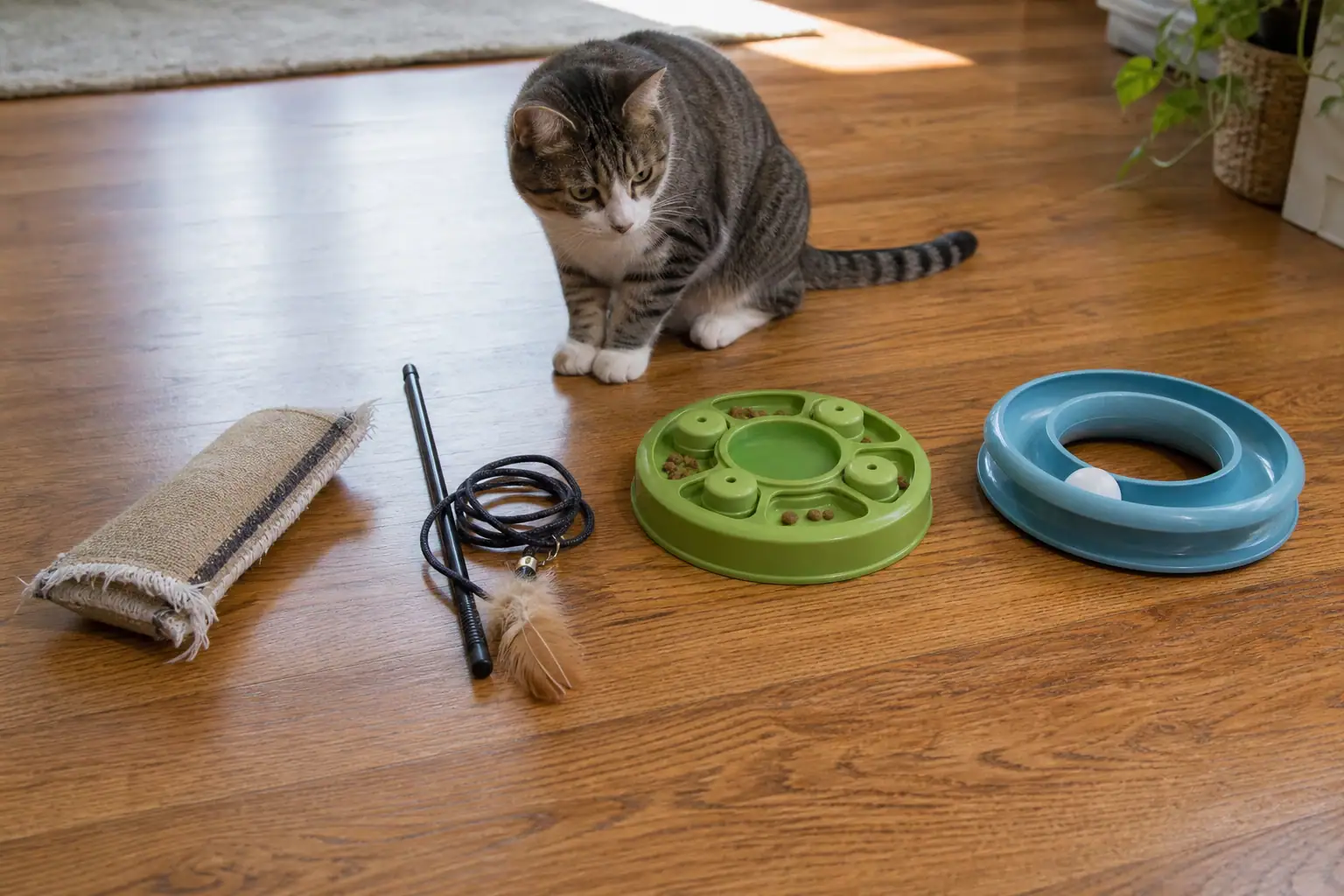 A rotation of wand, kicker, puzzle, and ball-track cat toys on a floor
