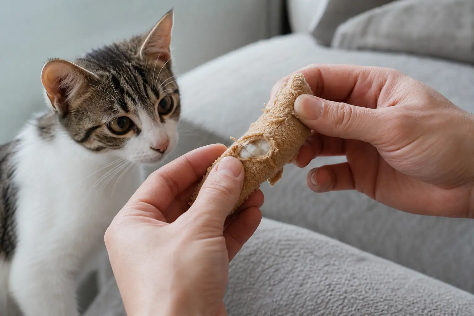Hands checking a cat chew toy for loose seams and bite damage