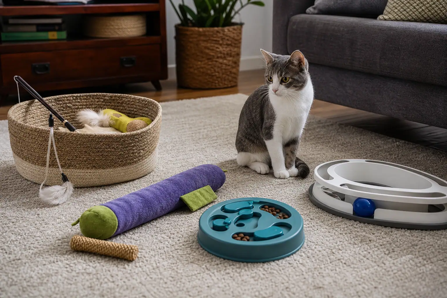 Cat chew toys, kicker toy, and wand toy arranged for a safe play routine