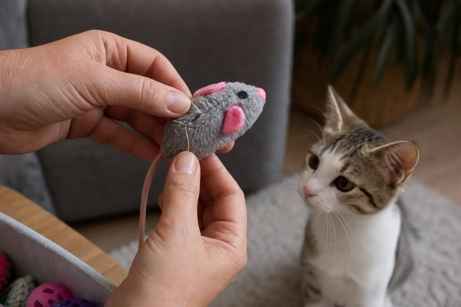 Hands checking a small cat toy for loose string and seams