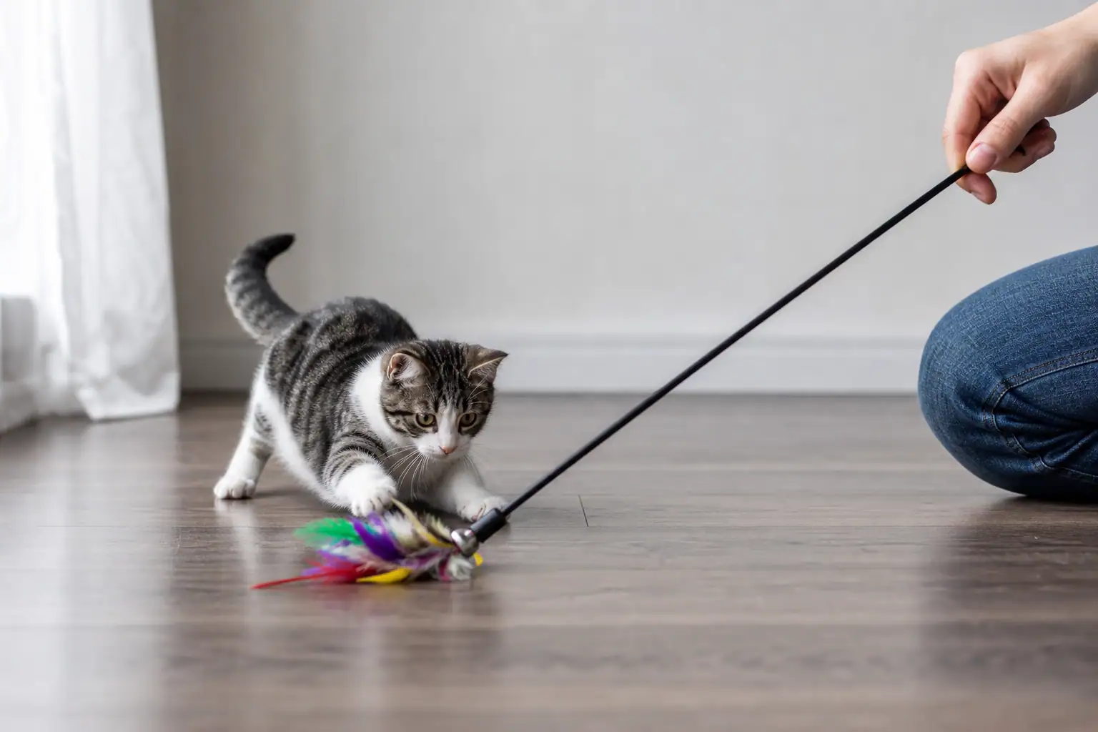 Small cat playing with a wand toy during supervised indoor play