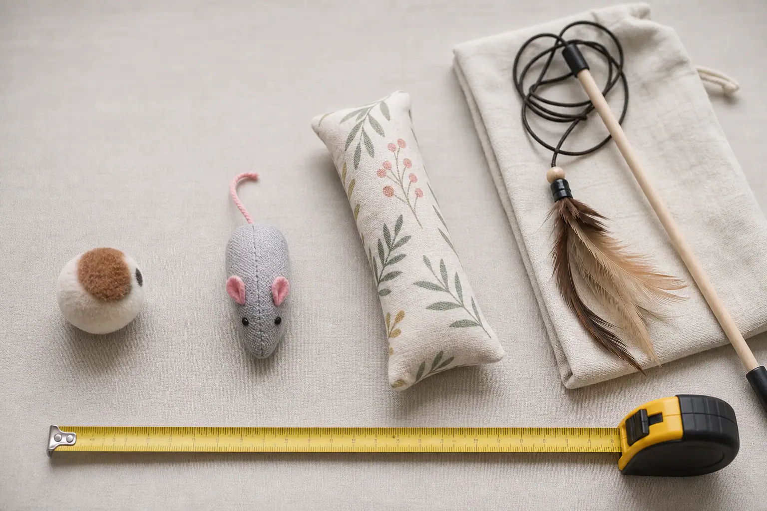 Small cat toys arranged by size for kitten and adult cat safety