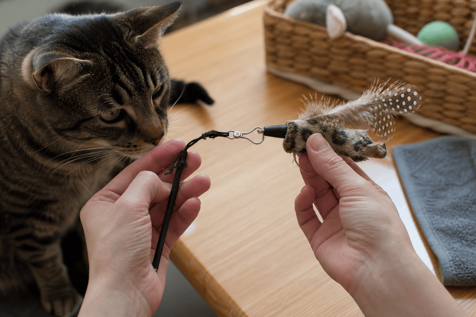 Hands inspecting a cat wand toy for frayed string and loose attachments