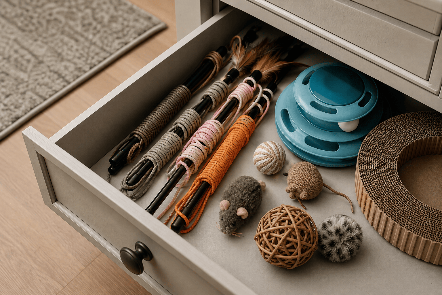 Cat wand toys stored in a closed drawer after play