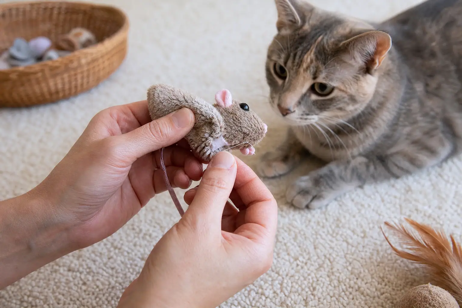 Hands checking a cute cat toy for loose seams and small parts