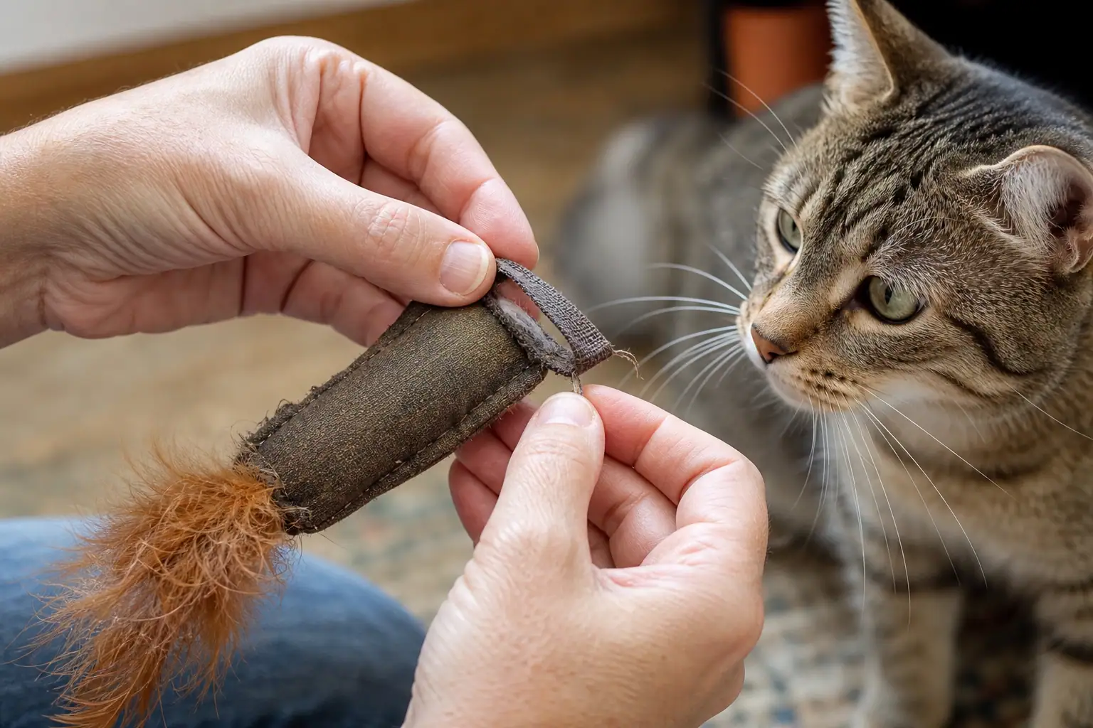 Hands inspecting a cat toy seam and attachment for loose threads