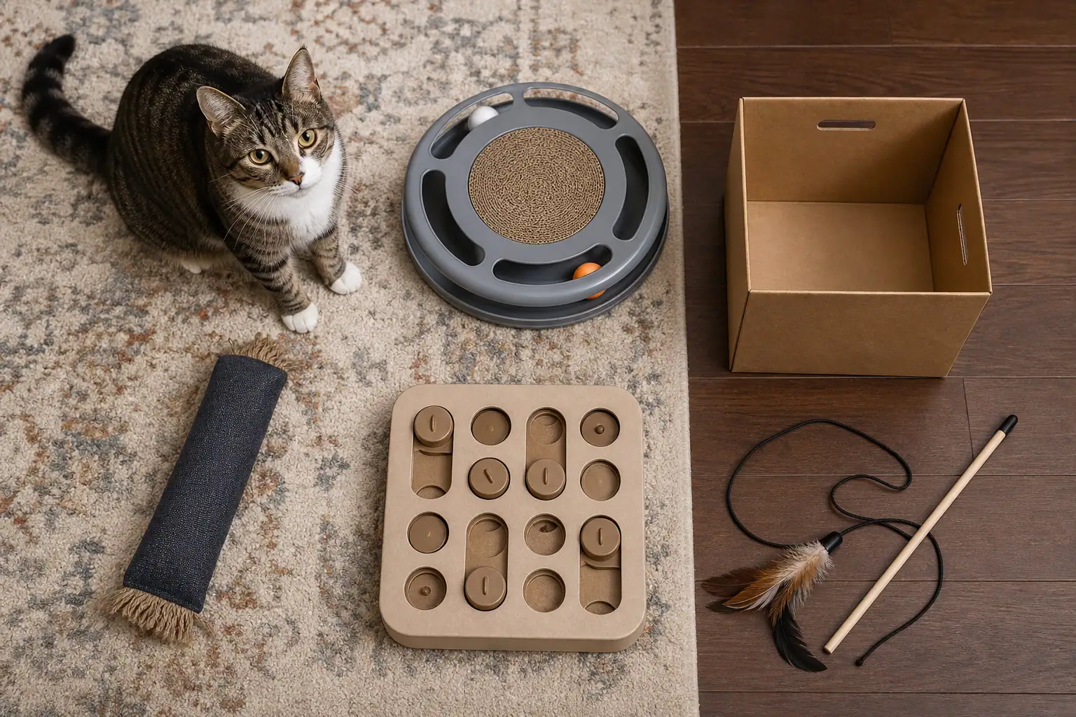 Durable cat toys arranged as a safe rotation for chase, kicking, and puzzle play