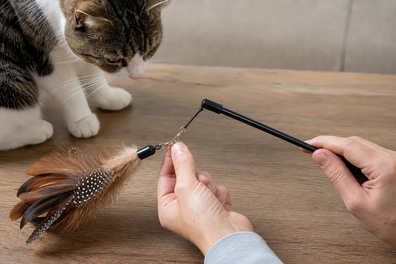 Hands inspecting a feather wand cat toy clip string and feathers for damage