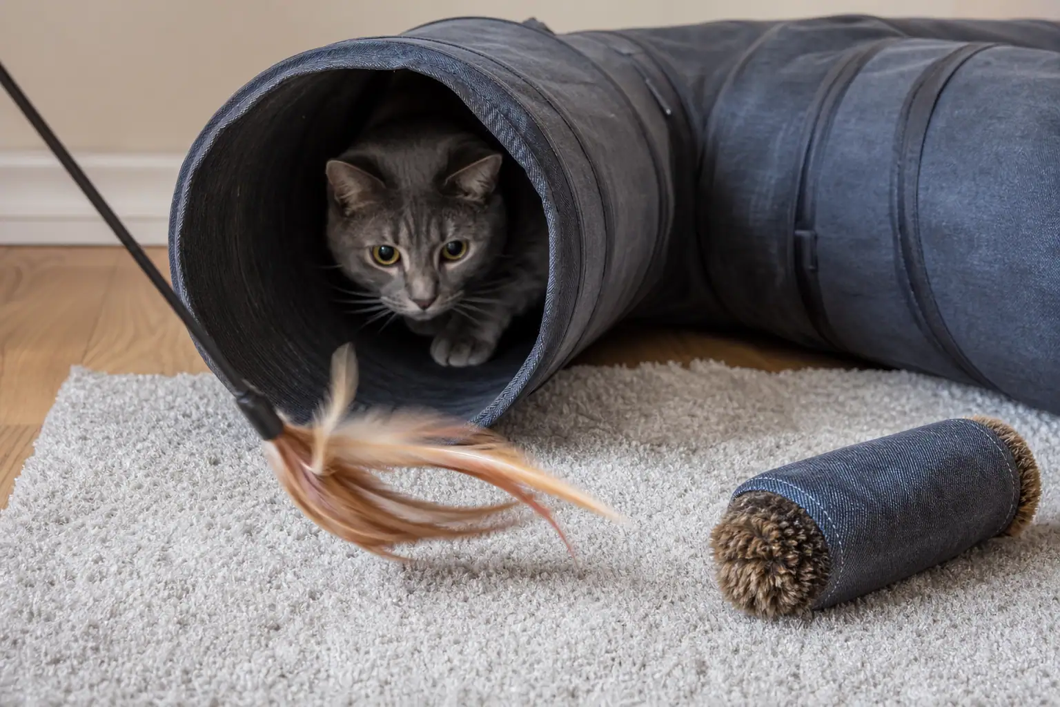 Feather wand lure moving around a tunnel with a sturdy kicker toy nearby