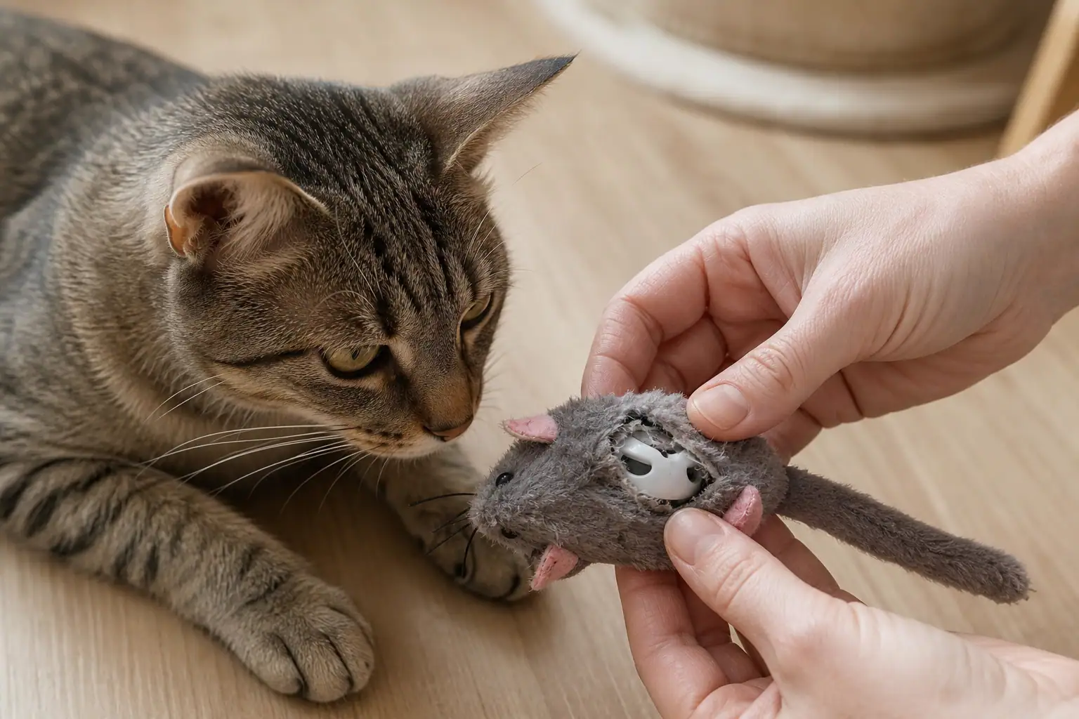 Hands checking a cat toy for loose seams and damaged parts